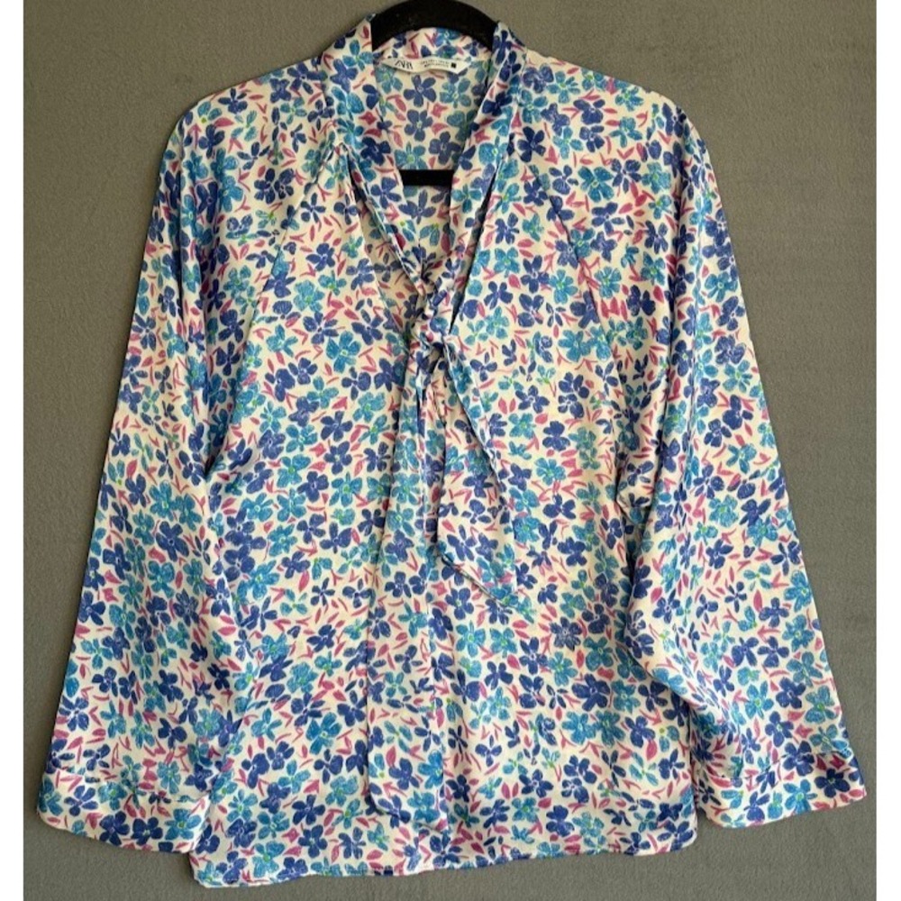 Zara Blouse Women Size Large Multicolor Floral Tie Neck Long Sleeve Lightweight